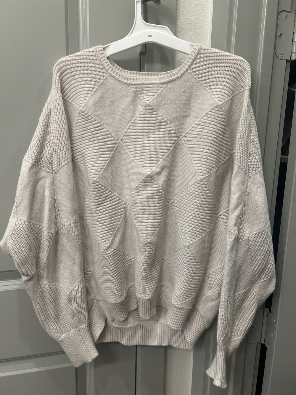 Tahari Cream Diamond-Pattern Crew Neck Sweater